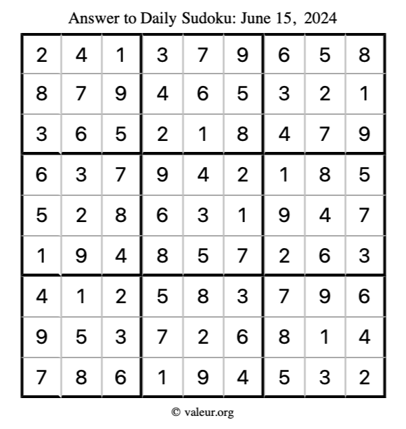 Answer to sudoku June 15, 2024