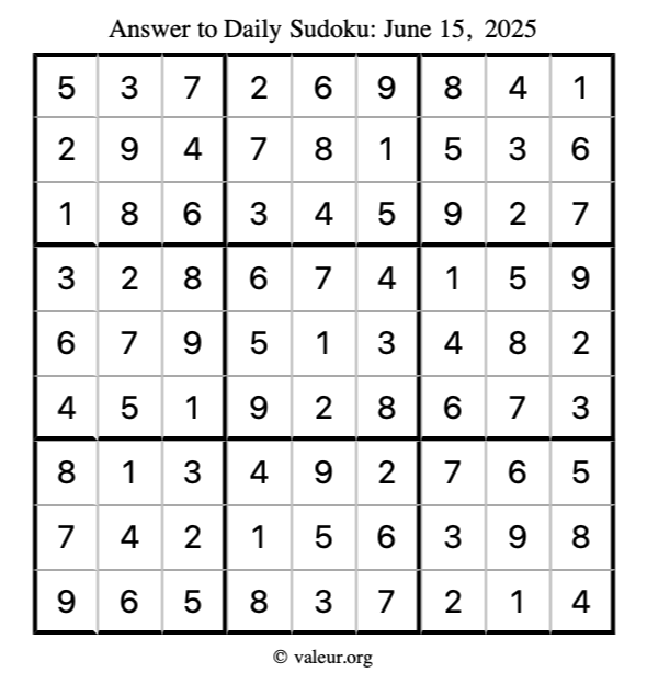 Answer to sudoku June 15, 2025