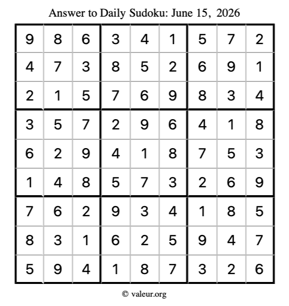 Answer to sudoku June 15, 2026