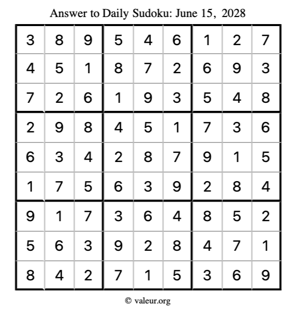Answer to sudoku June 15, 2028