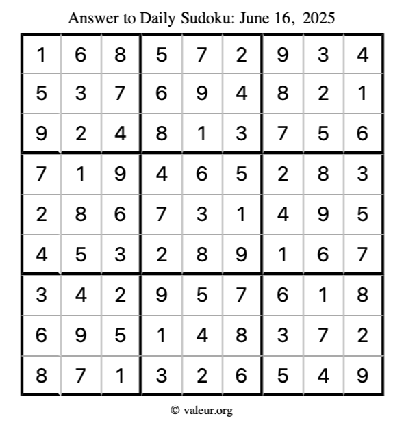 Answer to sudoku June 16, 2025