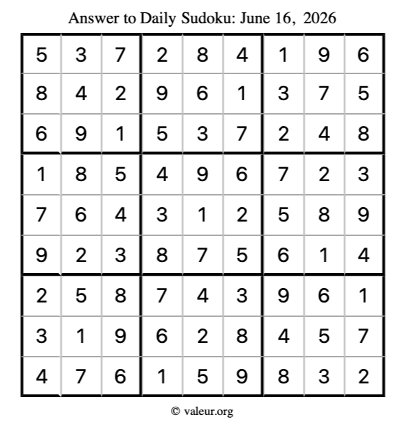 Answer to sudoku June 16, 2026