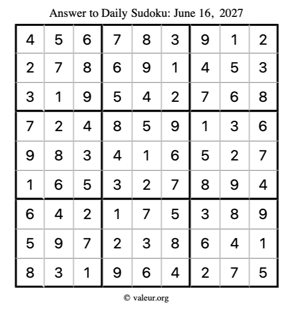Answer to sudoku June 16, 2027