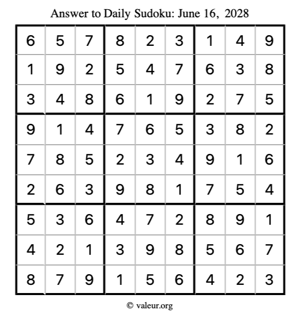 Answer to sudoku June 16, 2028