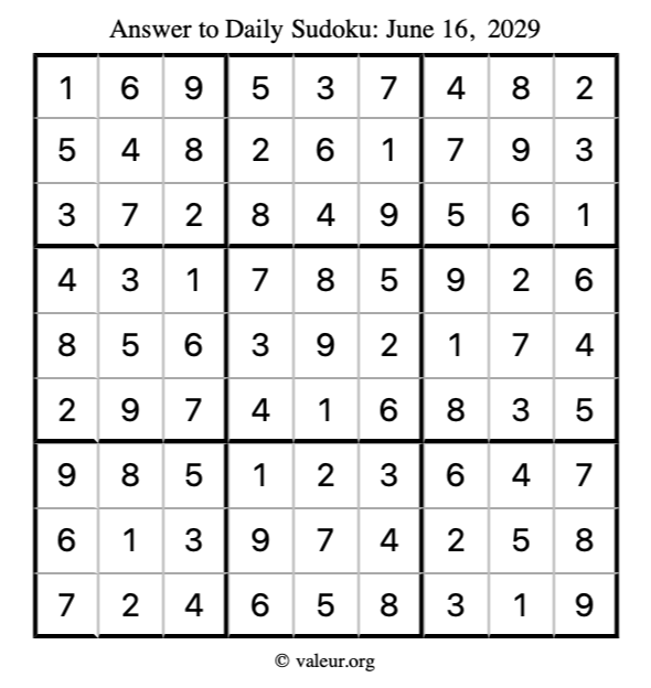 Answer to sudoku June 16, 2029