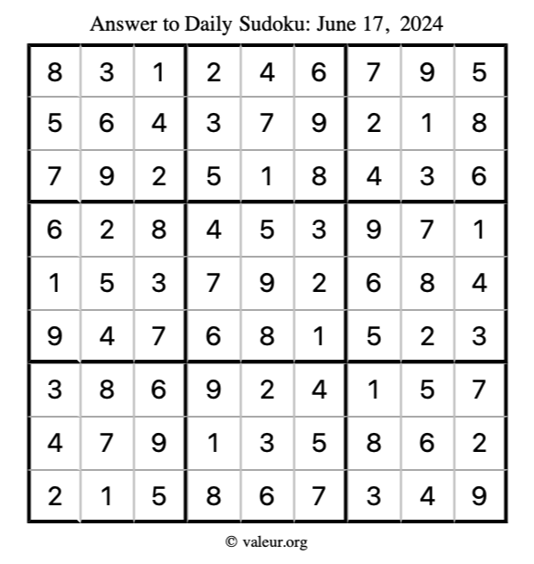 Answer to sudoku June 17, 2024