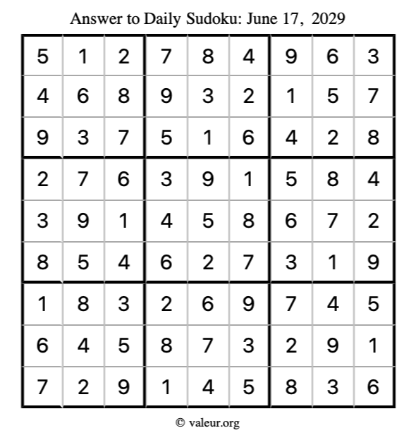 Answer to sudoku June 17, 2029