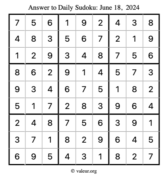 Answer to sudoku June 18, 2024