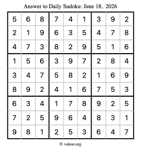Answer to sudoku June 18, 2026