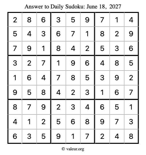 Answer to sudoku June 18, 2027
