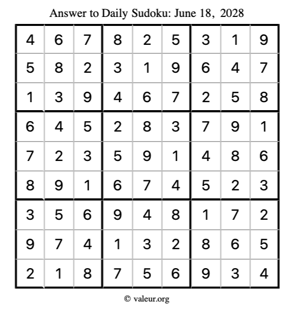 Answer to sudoku June 18, 2028
