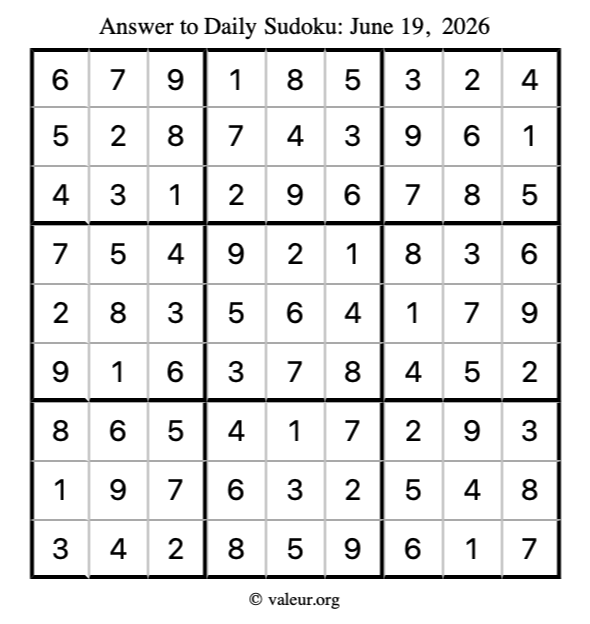 Answer to sudoku June 19, 2026