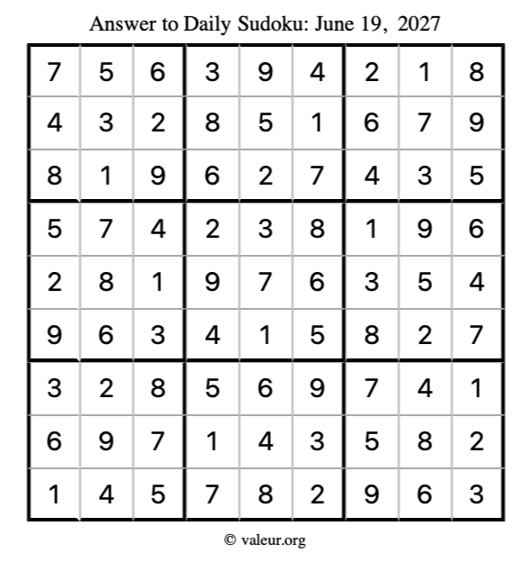 Answer to sudoku June 19, 2027