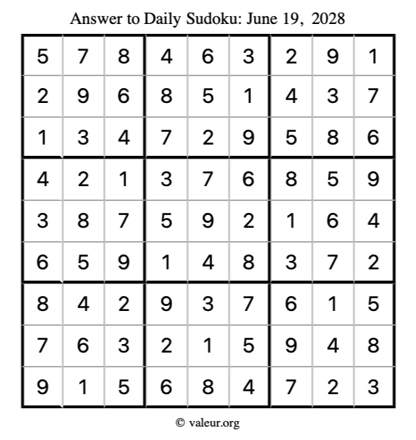 Answer to sudoku June 19, 2028
