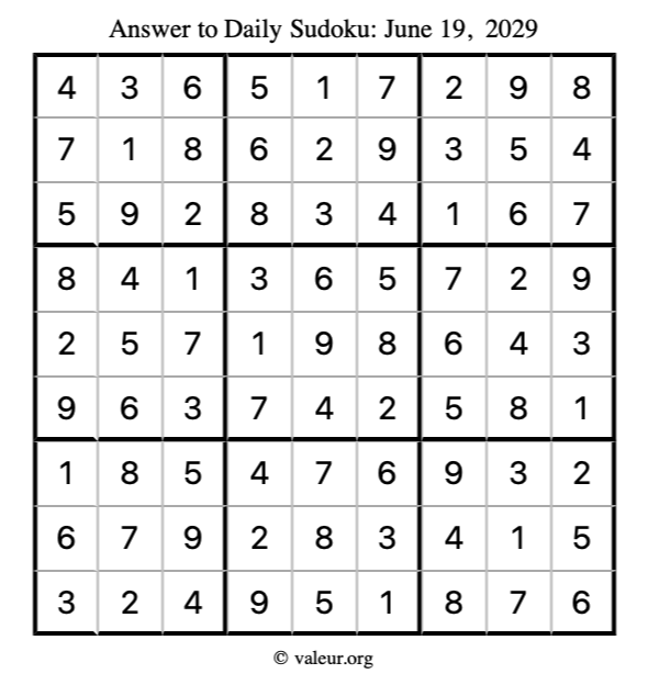 Answer to sudoku June 19, 2029