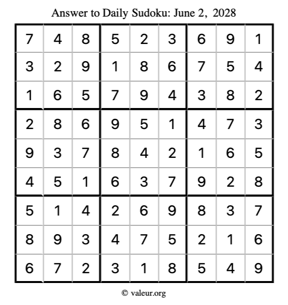 Answer to sudoku June 2, 2028