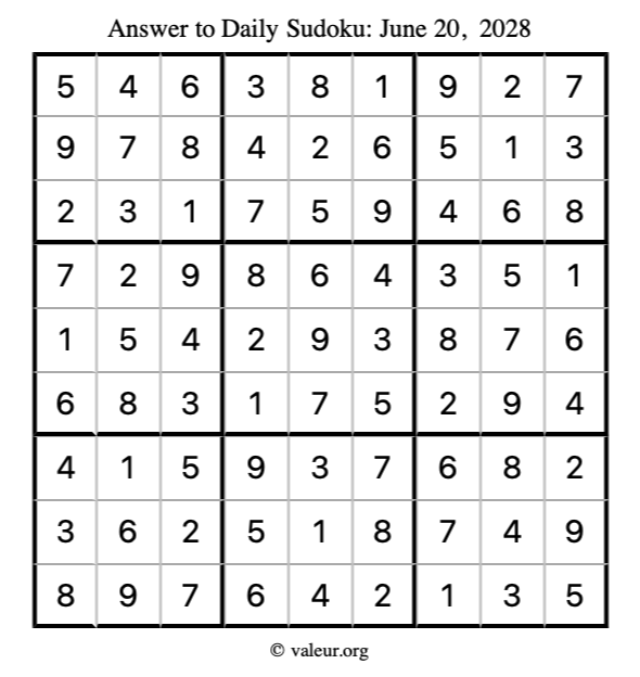 Answer to sudoku June 20, 2028