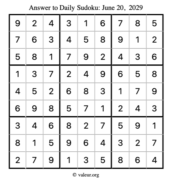Answer to sudoku June 20, 2029