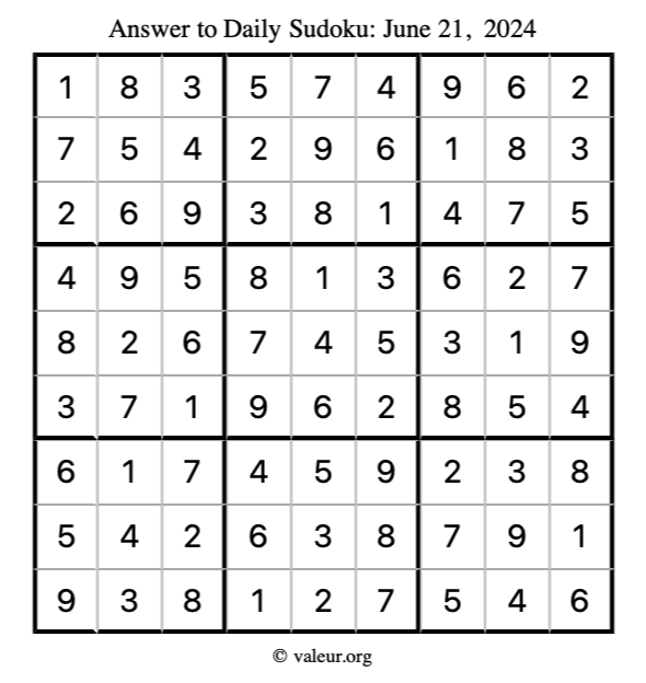 Answer to sudoku June 21, 2024