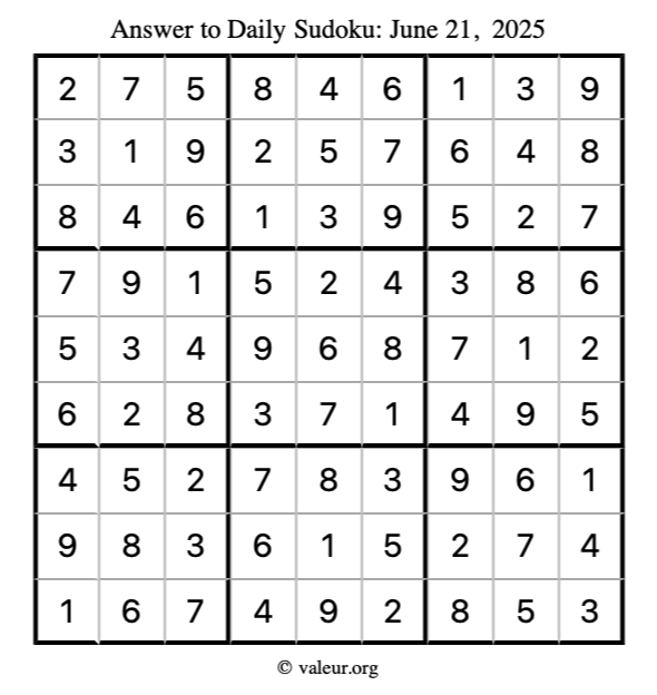 Answer to sudoku June 21, 2025
