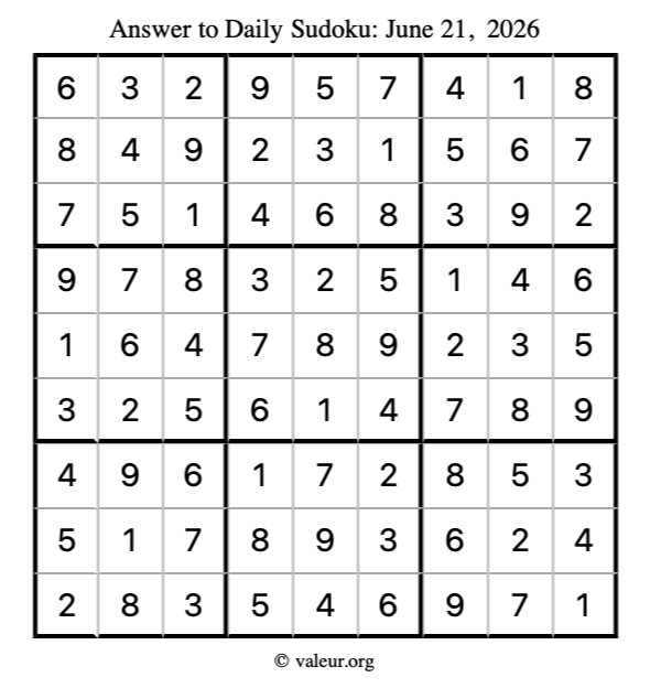 Answer to sudoku June 21, 2026