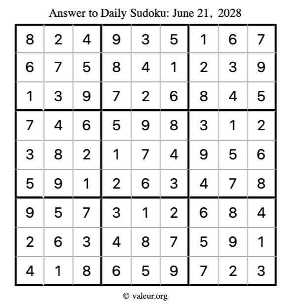 Answer to sudoku June 21, 2028