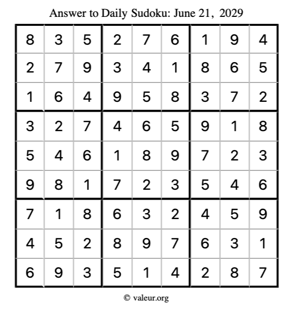 Answer to sudoku June 21, 2029