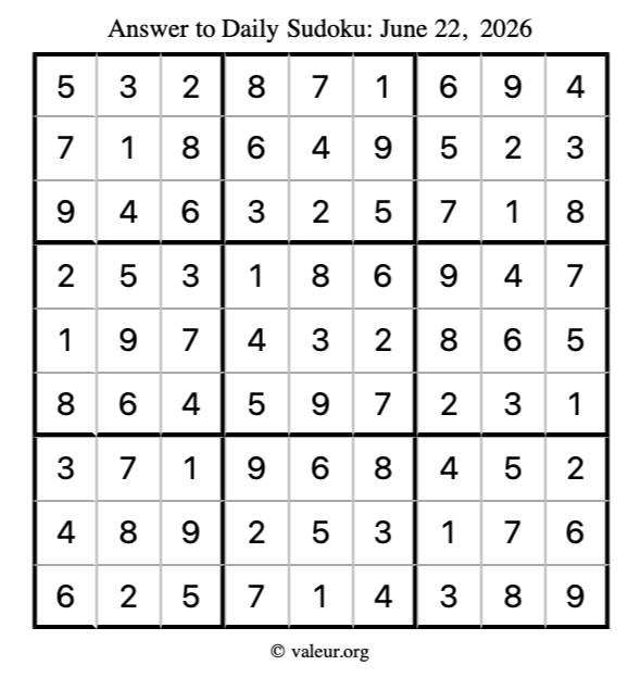 Answer to sudoku June 22, 2026