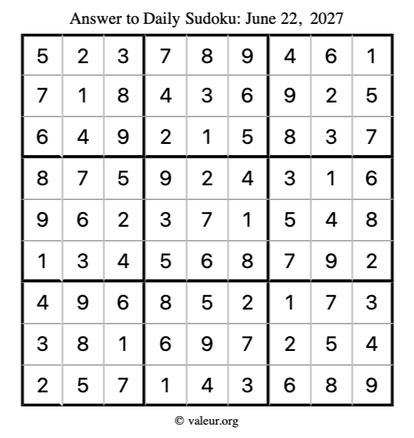 Answer to sudoku June 22, 2027