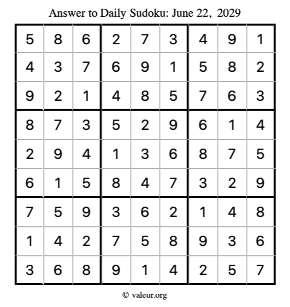Answer to sudoku June 22, 2029