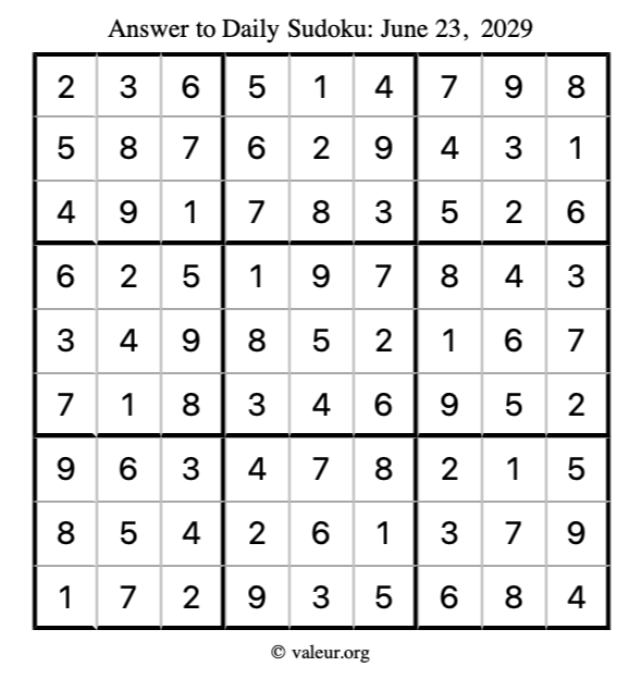 Answer to sudoku June 23, 2029