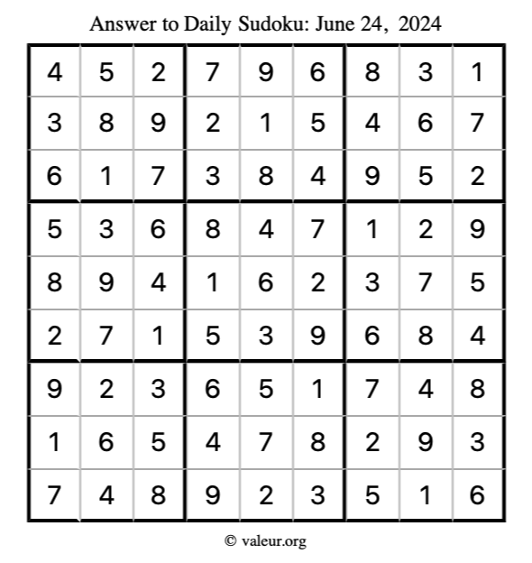 Answer to sudoku June 24, 2024