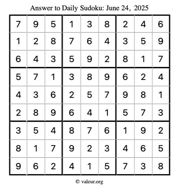 Answer to sudoku June 24, 2025