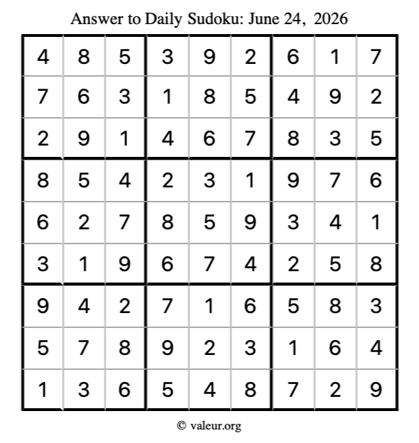 Answer to sudoku June 24, 2026