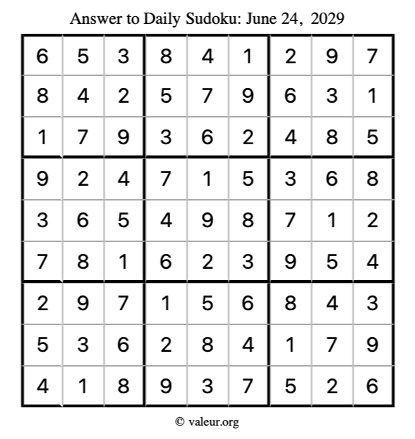 Answer to sudoku June 24, 2029