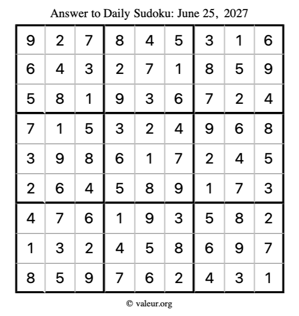 Answer to sudoku June 25, 2027