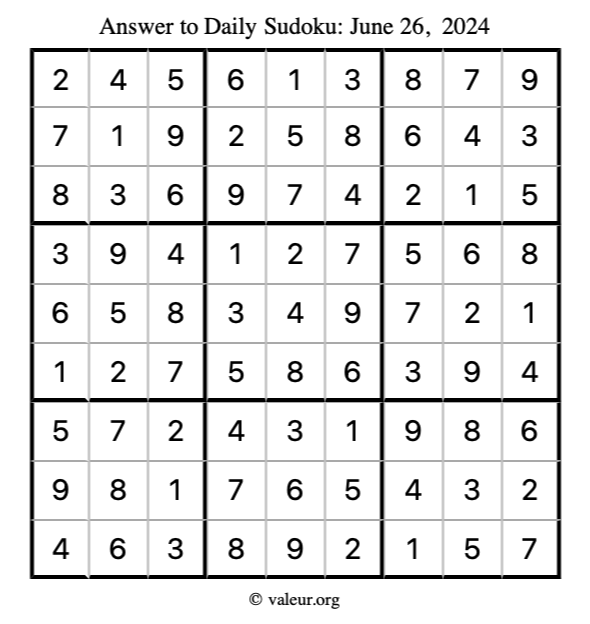 Answer to sudoku June 26, 2024