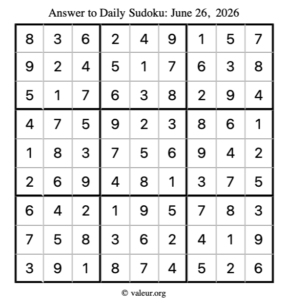 Answer to sudoku June 26, 2026