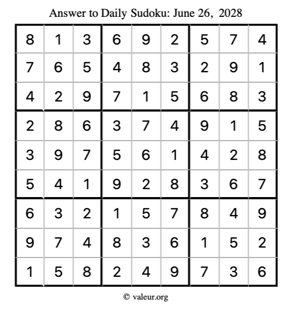 Answer to sudoku June 26, 2028