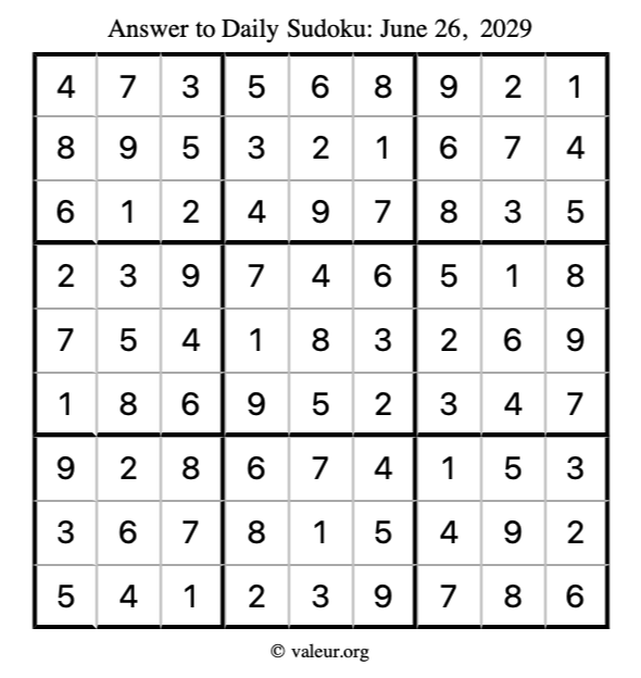 Answer to sudoku June 26, 2029