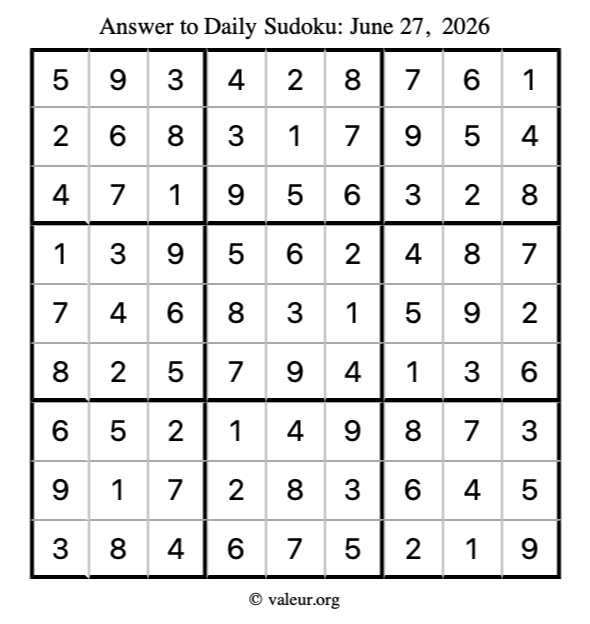 Answer to sudoku June 27, 2026