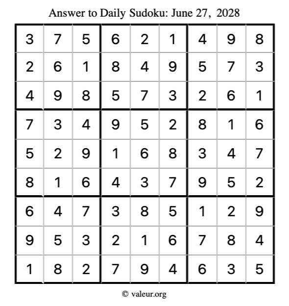 Answer to sudoku June 27, 2028