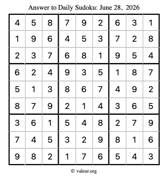 Answer to sudoku June 28, 2026