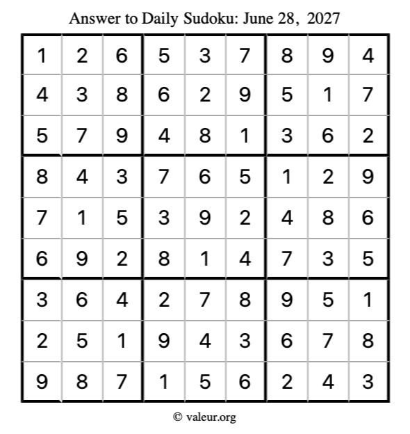 Answer to sudoku June 28, 2027