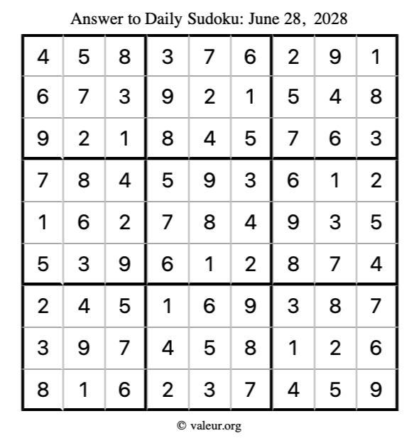 Answer to sudoku June 28, 2028