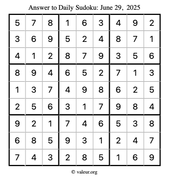 Answer to sudoku June 29, 2025