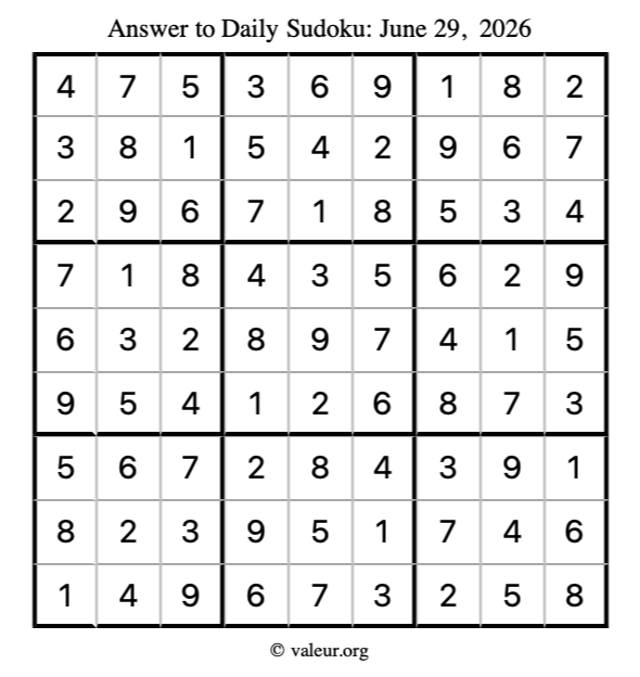 Answer to sudoku June 29, 2026