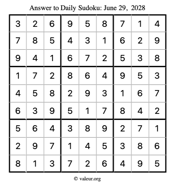 Answer to sudoku June 29, 2028