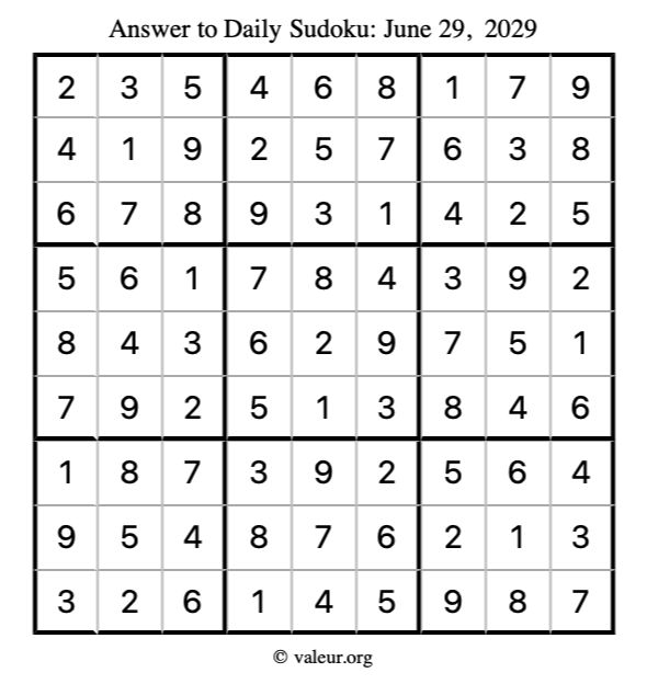Answer to sudoku June 29, 2029