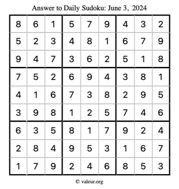 Answer to sudoku June 3, 2024
